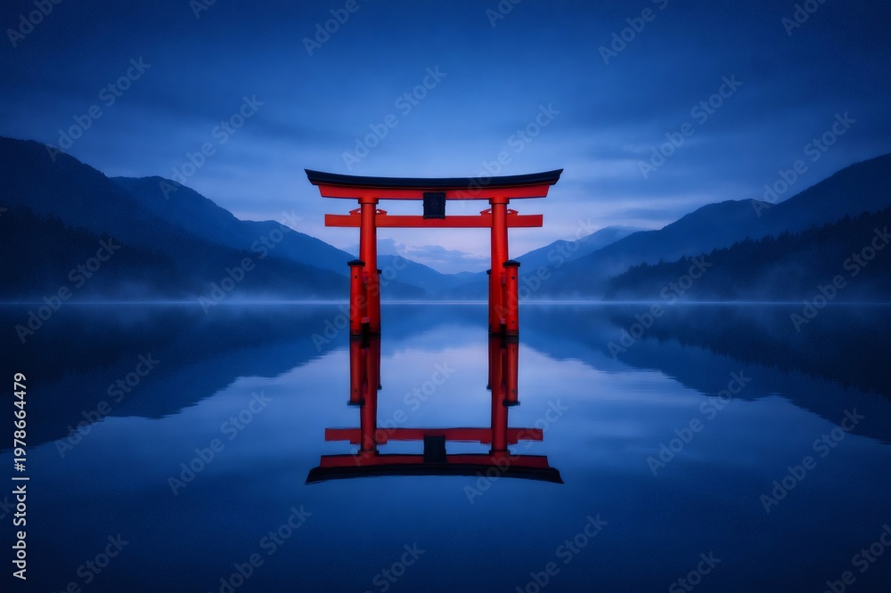 Naklejka premium Traditional Japanese Torii gate creating a perfect reflection on the calm lake surface, with misty blue mountains in the background, capturing a peaceful and spiritual landscape