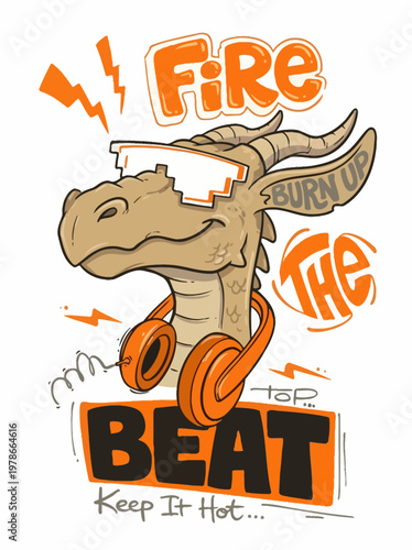 Cartoon dinosaur wearing headphones smiling.