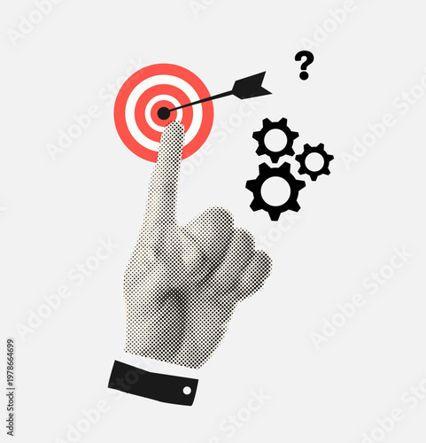 Halftone collage Strategic Goal Achievement Concept with Hand Pointing to Target Bullseye, Arrow Success Symbol, and Gears Representing Problem-Solving and Analytical Thinking
