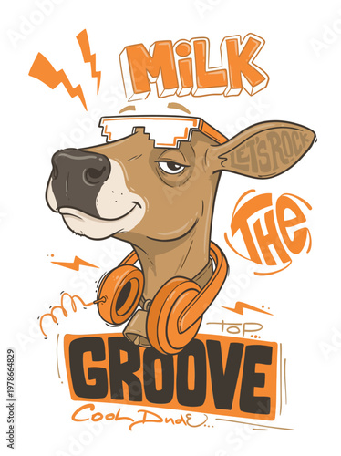 Funny cow wearing headphones smiling.