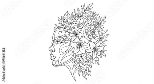 Woman silhouette features beautiful floral elements in a line art style.