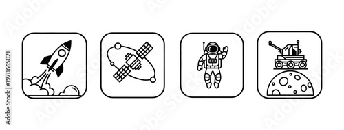Modern outline vector icons showcasing essential elements of cosmic exploration, featuring a powerful rocket launch, an orbiting satellite, a space-suited astronaut, and an advanced lunar rover