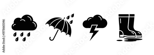 A comprehensive collection of black glyph weather icons, perfect for forecasting and climate representation, featuring symbols for rain, storm, umbrella protection, and essential waterproof rain boots