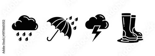 A comprehensive collection of weather-themed icons, illustrating various rainy conditions, stormy forecasts, and essential protective gear like umbrellas and rain boots