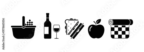 A black and white illustration of a picnic basket, wine bottle and glass, sandwich, apple, and a checkered blanket, depicting a classic outdoor meal experience