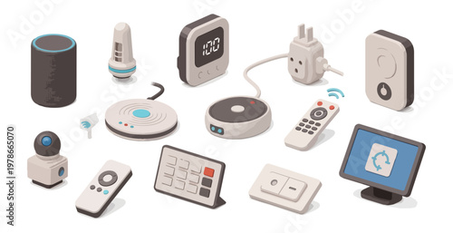 Isometric smart home devices illustration on dark background