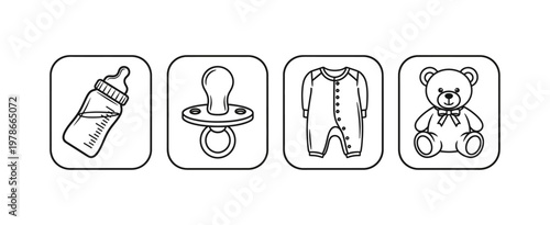 Set of line art icons representing baby essentials like a milk bottle, pacifier, baby clothes, and a teddy bear, perfect for design projects related to newborns and childcare