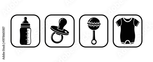 Baby icons set, including a milk bottle, pacifier, rattle, and onesie, perfect for nursery decor or baby shower invitations