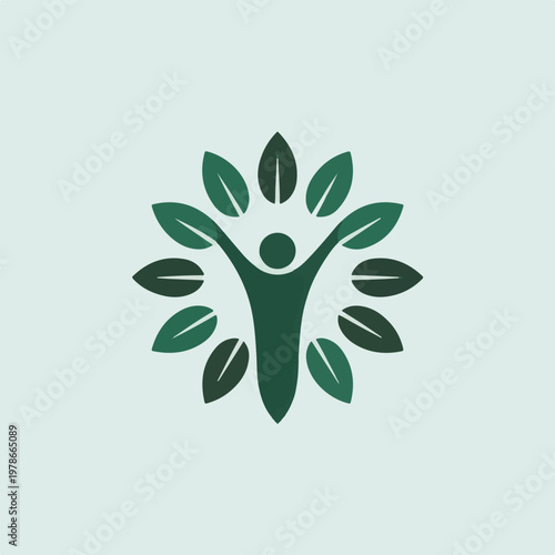 Vector logo of a stylized human figure with green leaves.