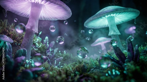 Glowing mushrooms and bubbles fill a mystical forest scene at night