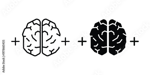 Combined illustration of two contrasting brain hemisphere designs with plus symbols