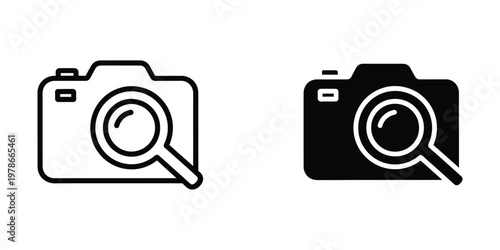 Contrasting camera icons under magnifying lenses in black and white styles