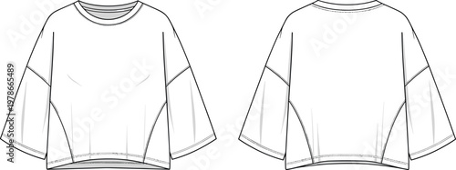 Technical fashion flat sketch of oversized women boxy sweatshirt with drop shoulders and curved side panel seams for garment manufacturing