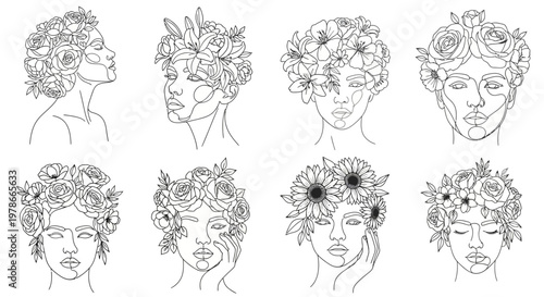 Faces collection shows various minimalist line art floral illustrations.