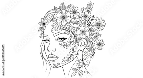 Woman portrait features intricate floral patterns in a delicate ink.