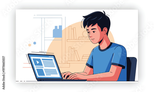Young man student study at home using laptop and learning online vector icon