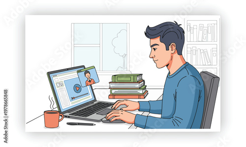 Young man student study at home using laptop and learning online vector icon