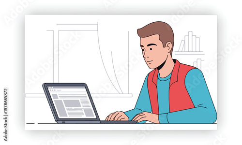 Young man student study at home using laptop and learning online vector icon