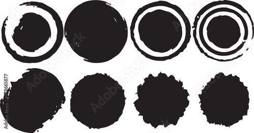 Japanese enso rings zen circle brush strokes vector set. Minimalist black ink handdrawn style oriental aesthetic elements. Grungy dry brush paint texture round frames