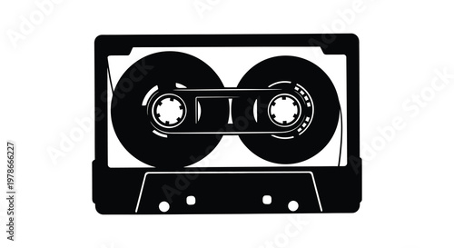 Black and white illustration of a vintage audio cassette tape silhouette