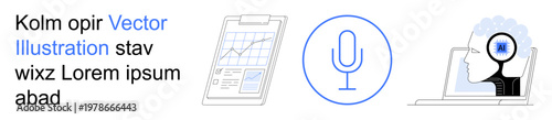 Artificial intelligence, data analysis, voice recognition, technology innovation, machine learning, digital tools. Chart clipboard, microphone AI head on laptop. Artificial intelligence and data