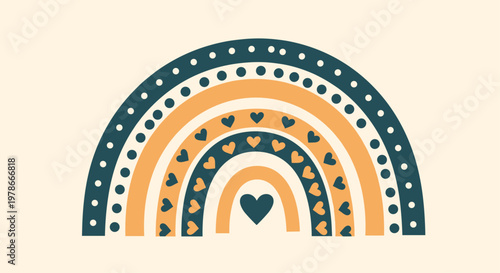 Boho rainbow design with four bands featuring hearts and dots in a palette of teal and ochre yellow.