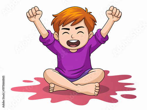 A cartoon boy sitting cross-legged with his arms raised in excitement on a pink liquid splatter