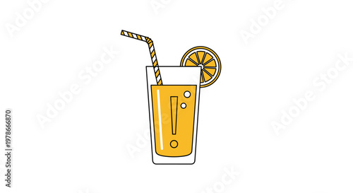 Refreshing glass of orange juice with a striped straw and a citrus slice on the rim represents a healthy and cool summer beverage.