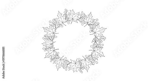 Outline drawing of a maple leaf wreath with berry accents provides a clean and minimalist seasonal frame for autumn-themed graphic designs.