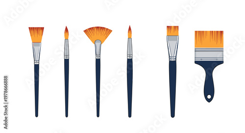 Set of six professional painting brushes with different head shapes and dark blue handles is neatly organized on a white background.