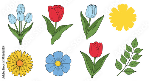Assorted collection of flowers including tulips, daisies, and bluebells along with a green leaf branch is presented in a flat design style.