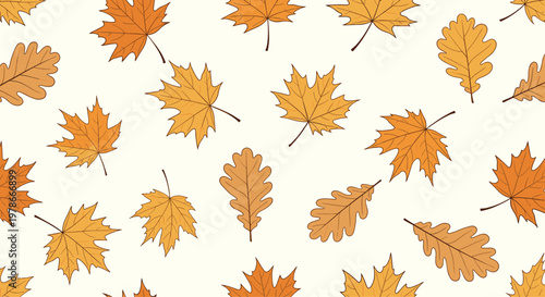Seamless pattern features various autumn leaves like maple and oak in warm orange and brown tones scattered on a pale background.