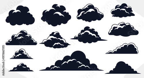 Collection of various black cloud silhouettes in different shapes and sizes offers a versatile set for sky and weather-themed designs.