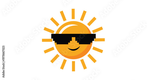 Fun icon of the sun wearing cool black pixelated sunglasses represents summer heat and a laid-back vacation vibe for design.