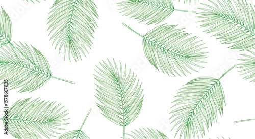 Seamless pattern features fine-line etched green palm leaves scattered across a white background for a tropical and organic look.