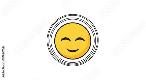Smiling yellow emoji face with closed eyes and happy expression is surrounded by multiple thin circular outlines on white background.