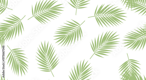 Vibrant green palm fronds are arranged in a seamless repeating pattern on a white background for a lush tropical design element.