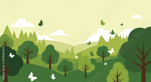 Peaceful forest landscape illustration features layers of green trees and hills under a pale yellow sky with fluttering butterflies.