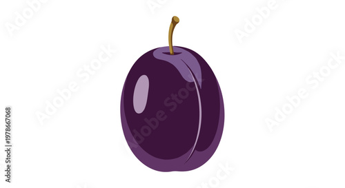Single ripe purple plum with a small brown stem is depicted in a smooth, stylized illustration with highlights and shadows to show its shape.