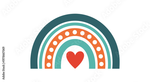 Decorative rainbow with teal, orange, and dark grey arcs features white dots and a bright red heart at the center of its base on white.