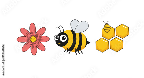 Educational sequence shows a pink flower, a smiling bumblebee, and a group of golden yellow honeycombs to represent the process of honey.