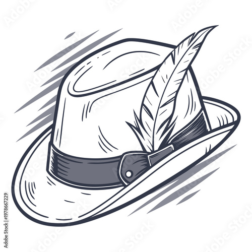Classic hat with feather accent sketch art style semi formal illustration accessory headwear gentleman decorative distinguished