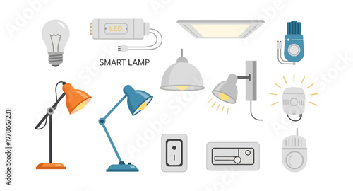 Various lamps and lighting fixtures on black background