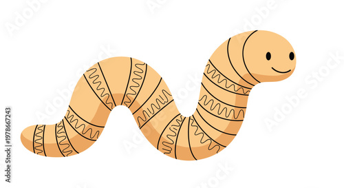Long, tan, segmented worm with a happy face and wavy line patterns is crawling in a curved shape in this cute cartoon illustration on white.