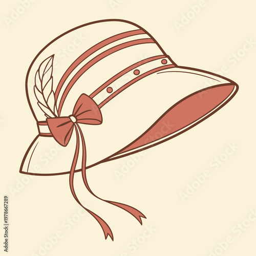 Vintage cloche hat with feather and bow accent art deco semi formal accessory headwear illustration decoration designer fashionable