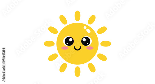Cute cartoon sun character with a smiling face and big sparkling eyes radiates happiness on a clean white background.