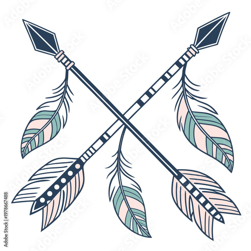 Crossed bohemian arrows with feather fletching in pastel colors hand drawn bohemian illustration ornament decoration collection