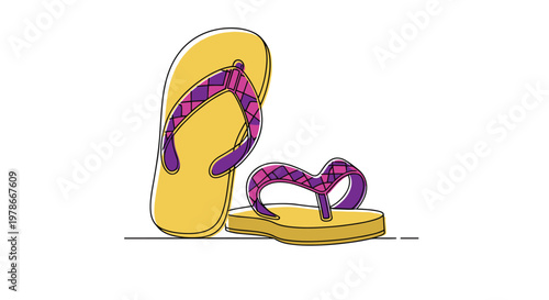 Pair of yellow summer flip flops with purple and pink geometric patterned straps is shown against a plain white background.