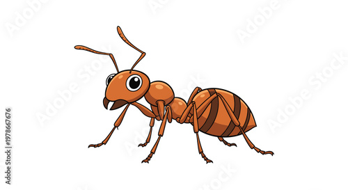 Detailed cartoon illustration of a brown ant with large eyes and distinct body segments shown in a side profile view.