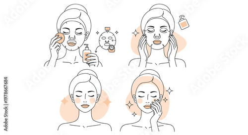 Instructional line art illustrations show the step by step process of a woman applying a rejuvenating facial mask.